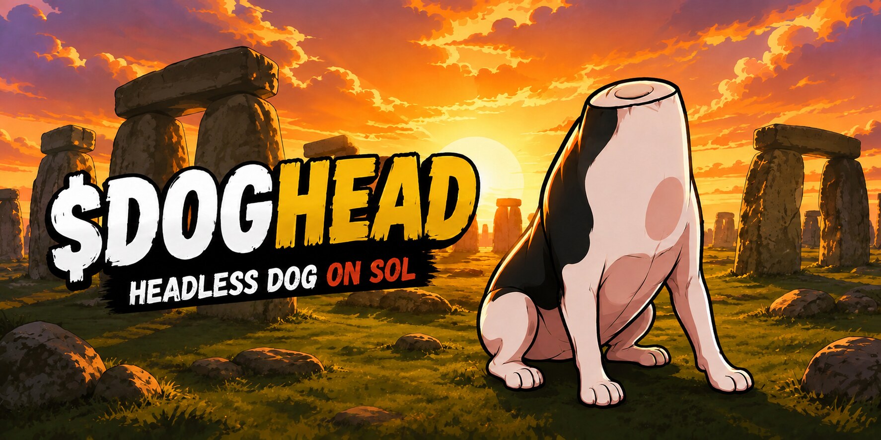 DOGHEAD, the headless dog standing at Stonehenge